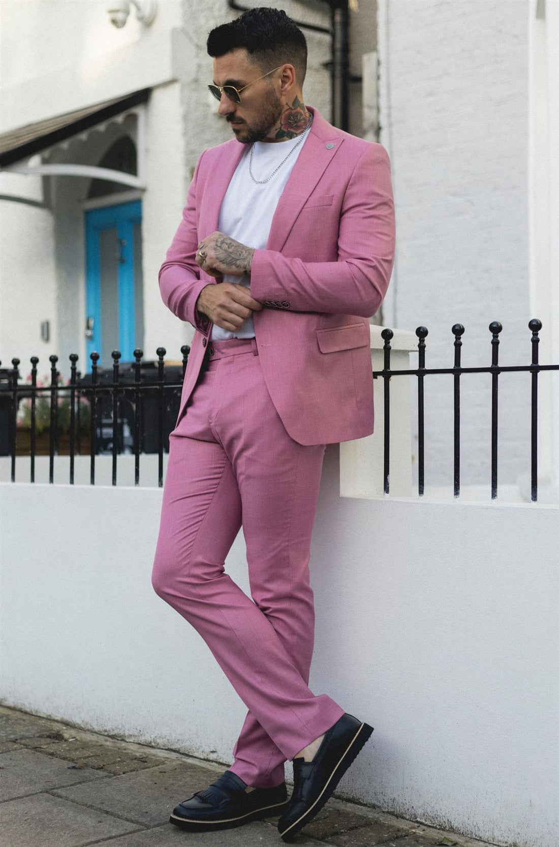 Men's Classic 3 Piece Suit Blush Pink Pocket Chain Wedding Tailored Fit Vintage Formal