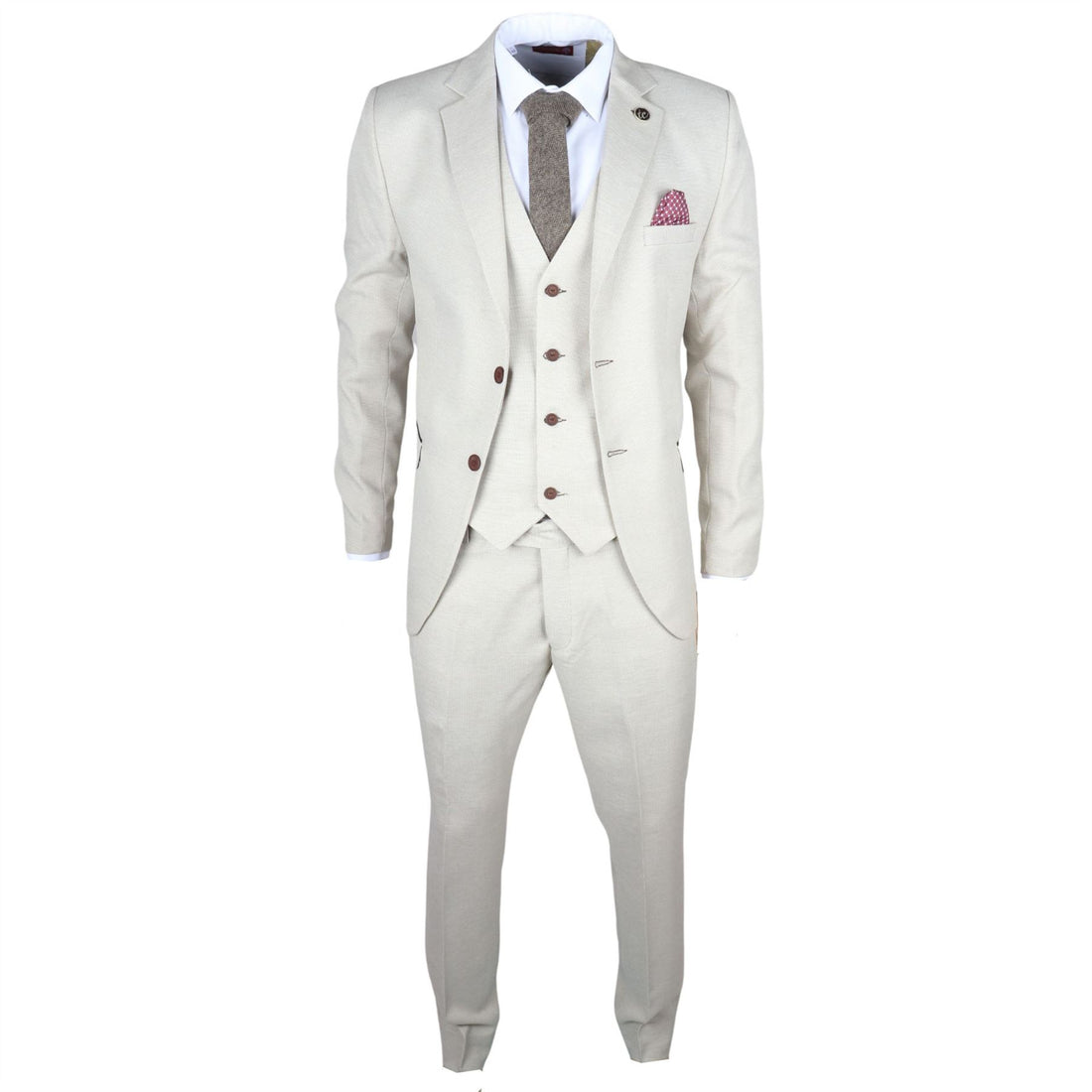 Men's Suit 3 Piece Cream Classic Birdseye Wedding Formal Dress