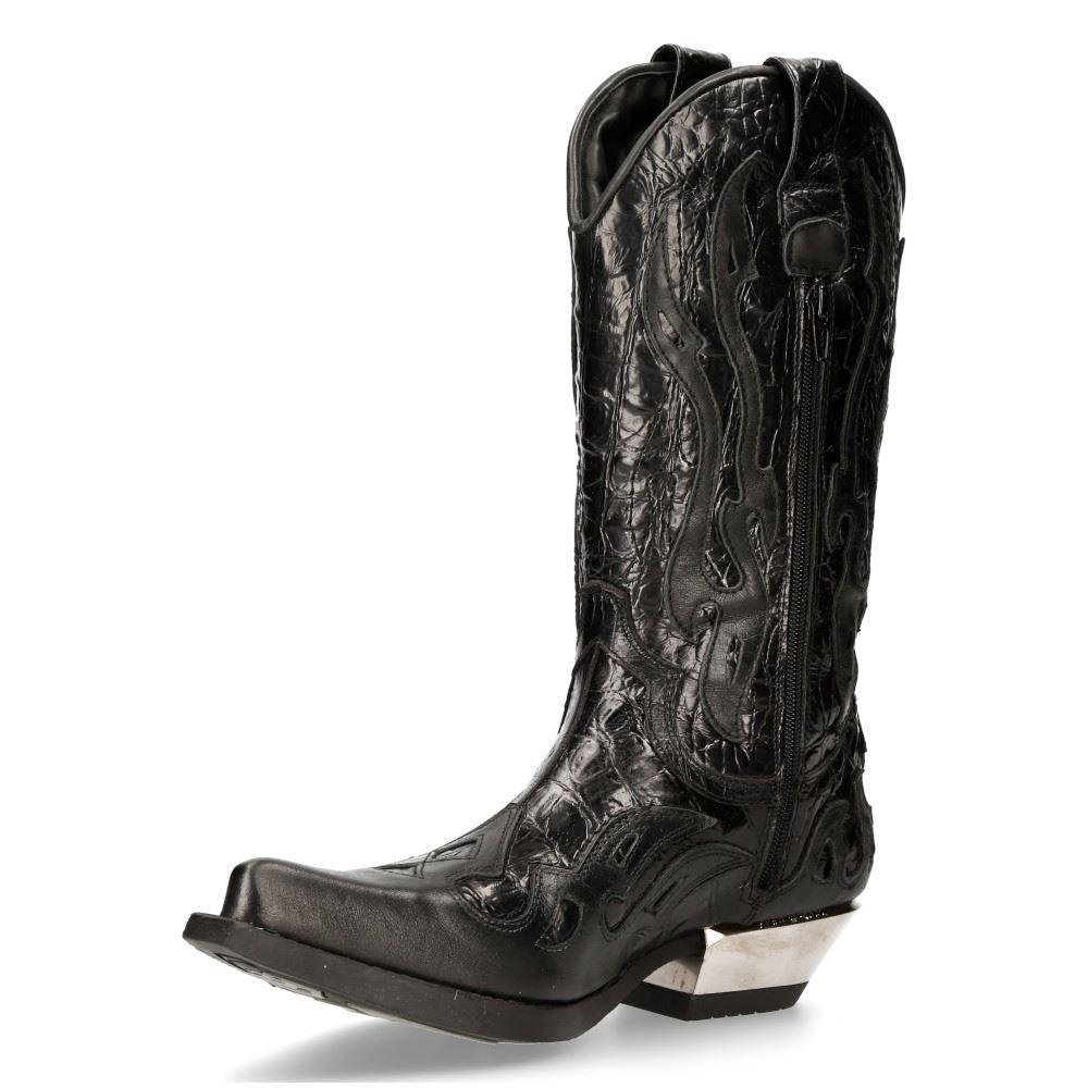 NEW ROCK M-7921-S1 BLACK FLAME BOOTS Black Leather Heavy Biker Western Cowboy - Knighthood Store