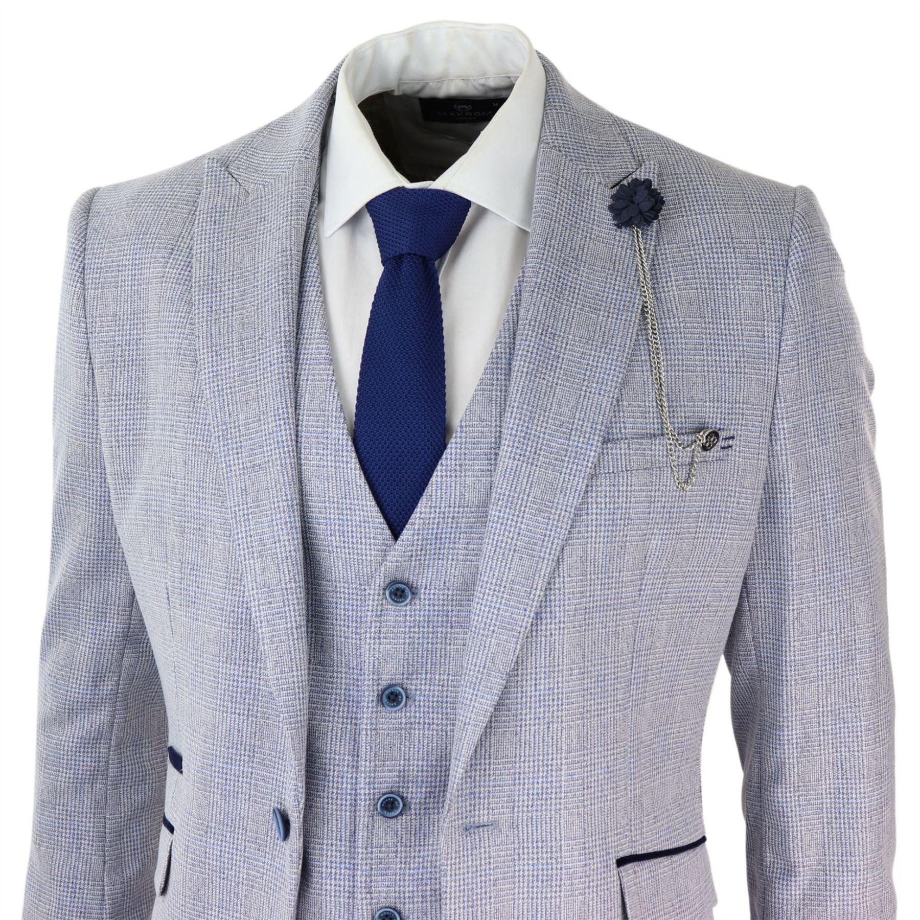 Mens 3 Piece Check Suit Tweed Light Blue Tailored Fit Wedding Peaky Classic - Knighthood Store