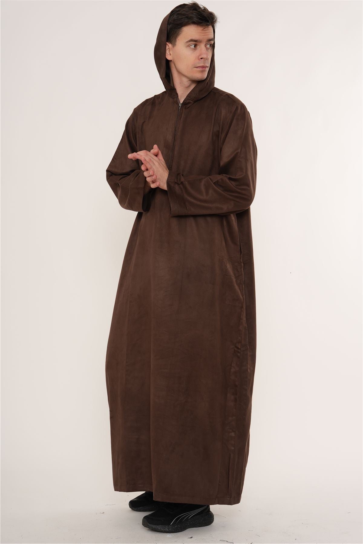 HM12 - Men's Hooded Suede Thobe Emirati Omani Zipped Thobe