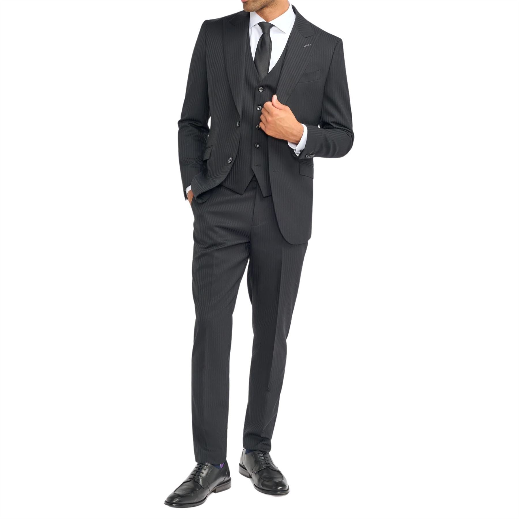 Men's Suit Black 3 Piece Tailored Fit Shadow Stripes Wool Blend Gent Dress