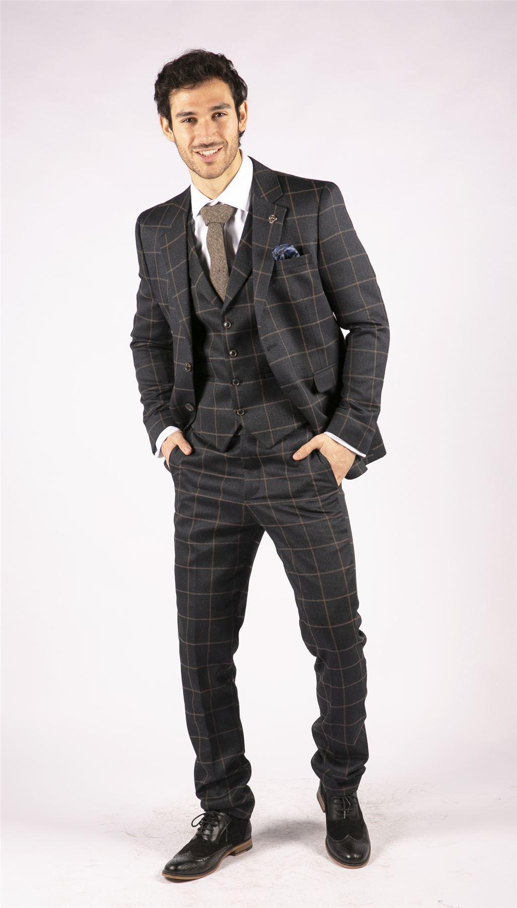 Mens Herringbone Tweed Navy Blue Check 3 Piece Wool Suit Tan - Knighthood Store