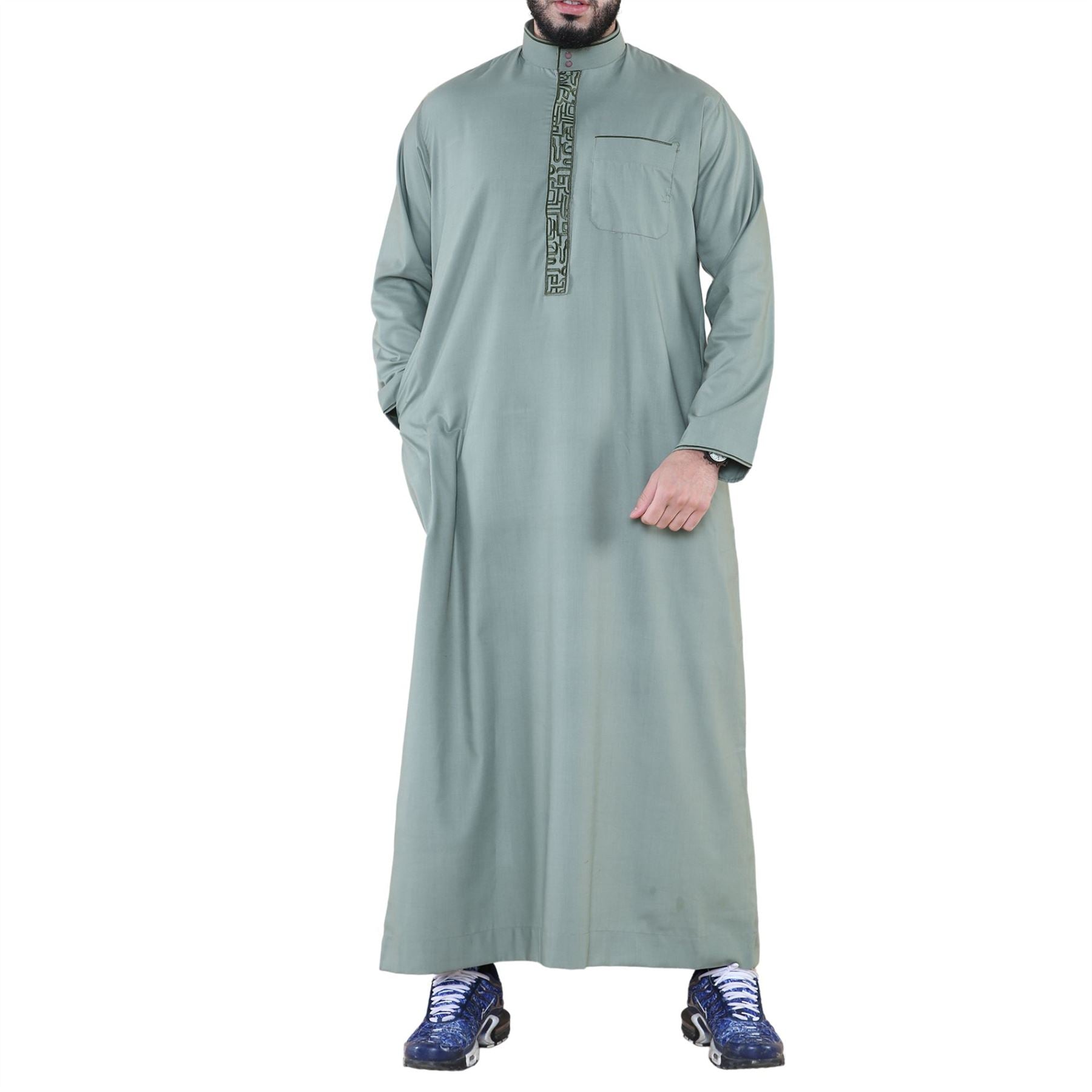 Mens Thobe Jubba Nehru Stand Collar Islamic Clothing Muslim Cotton Kaftan Embroidery Eid Robe Saudi