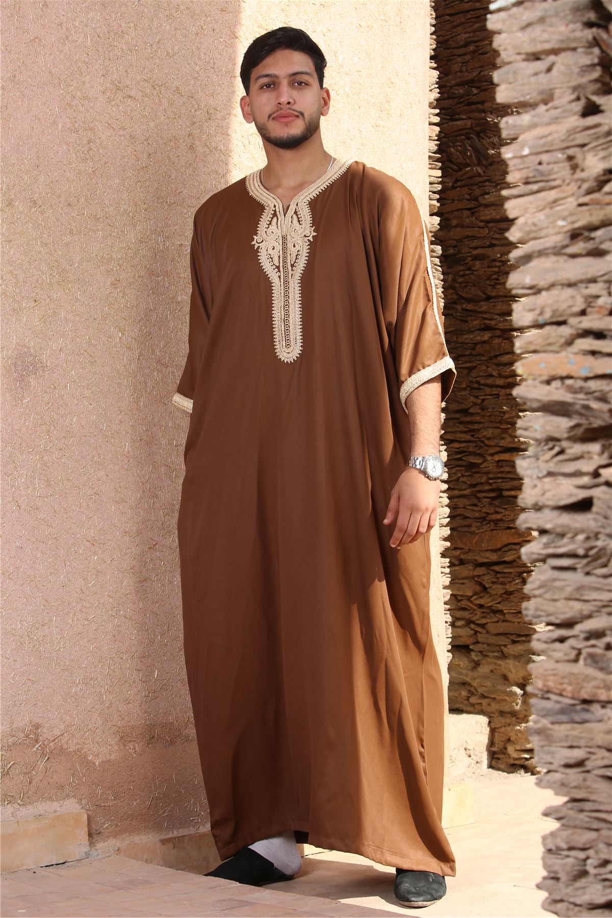 Men's Moroccan Thobe Short Sleeve Gandoura Embroidery Kaftan