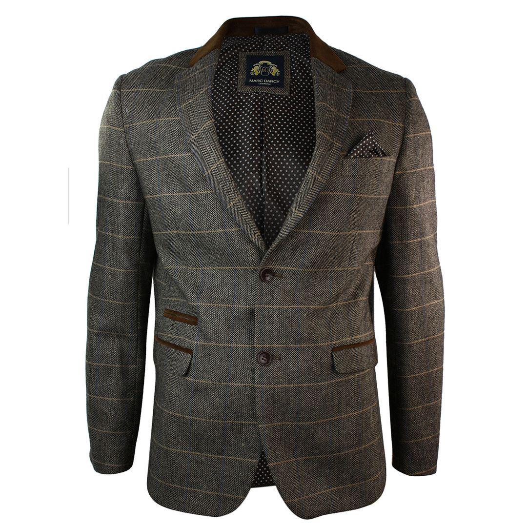 Mens Check Vintage Herringbone Tweed Tan Brown Blazer Jacket Fitted - Knighthood Store