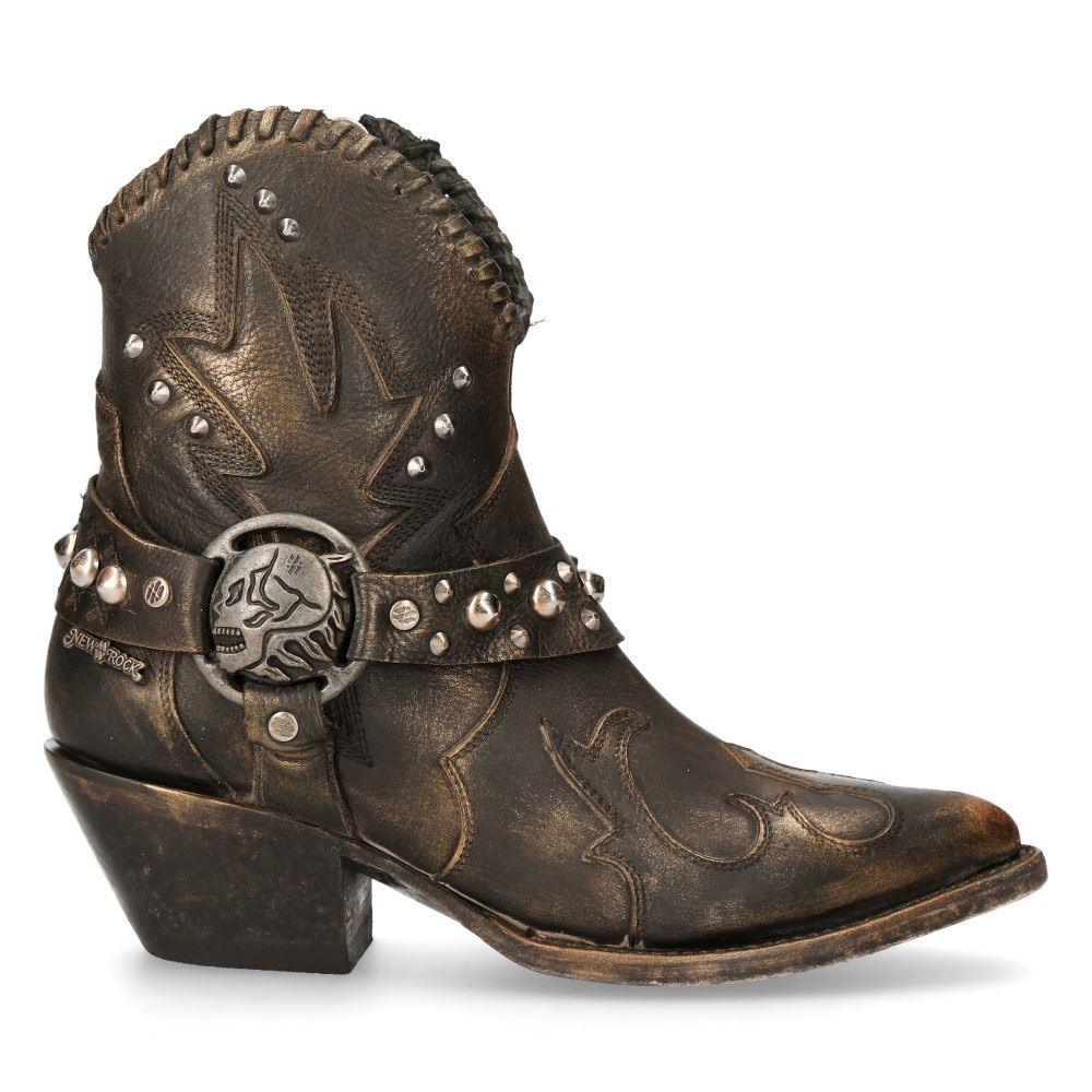 New Rock WSTM004-S1 Brown Leather Cowboy Western Pointed Boots Vintage Stud - Knighthood Store