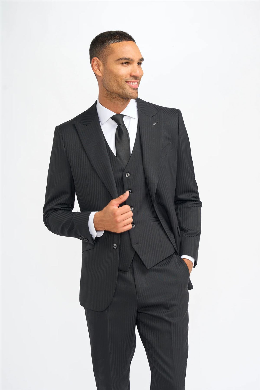 Men's Suit Black 3 Piece Tailored Fit Shadow Stripes Wool Blend Gent Dress
