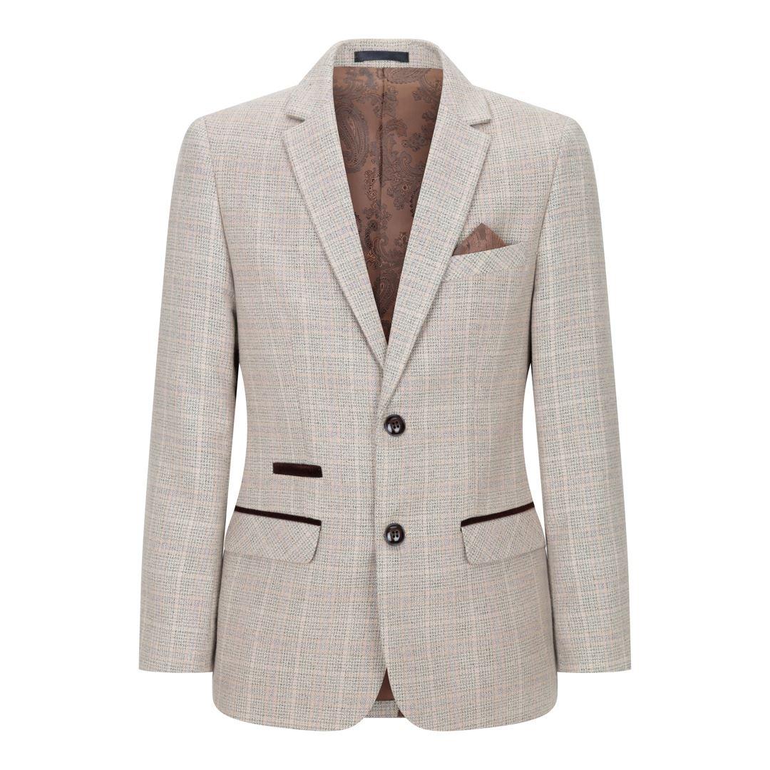 Boys Check Tweed Beige Brown 3 Piece Suit Wedding Vintage Retro Classic - Knighthood Store