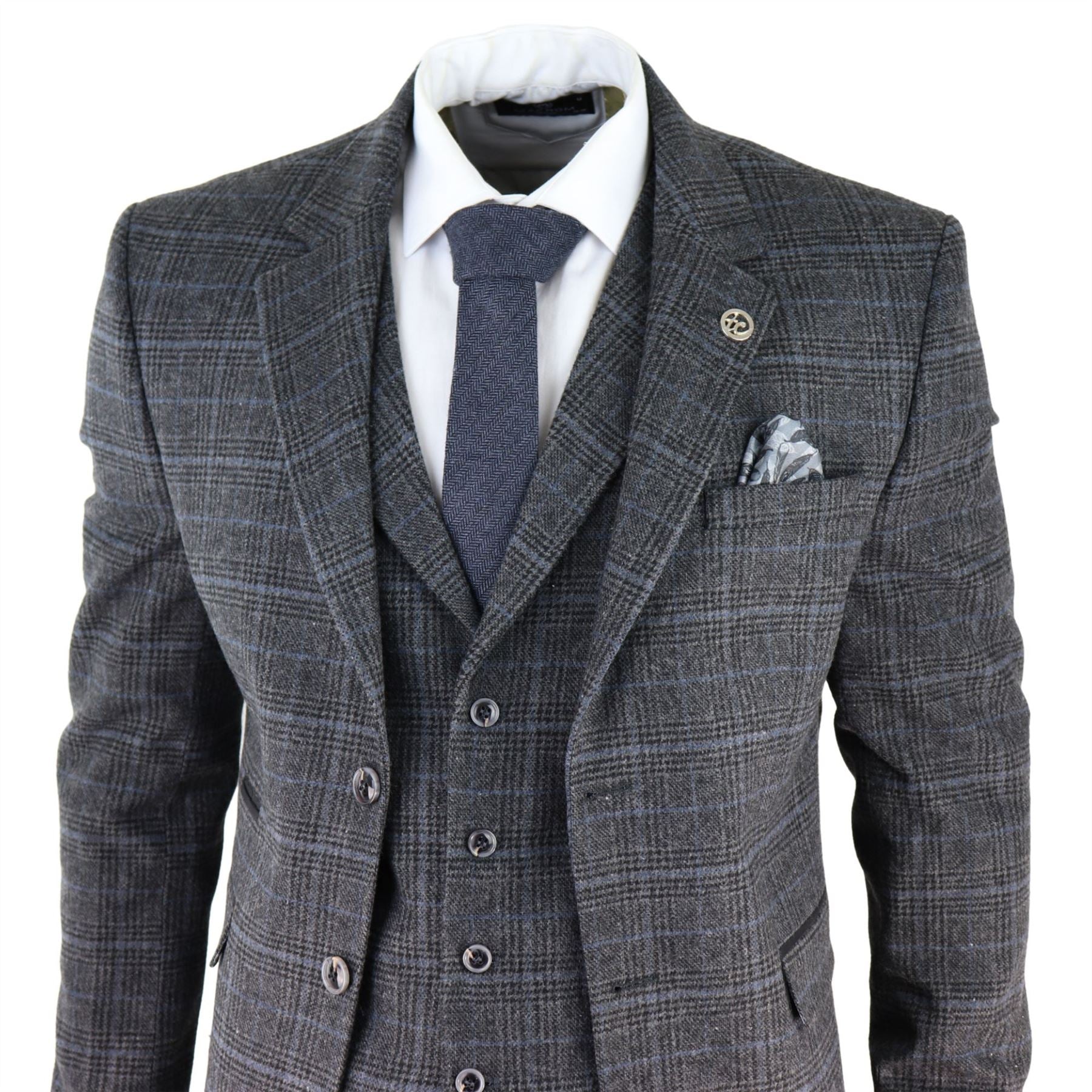 Mens Grey Tweed 3 Piece Suit Blue Check Vintage 1920s Gatsby Blinders Tailored Fit