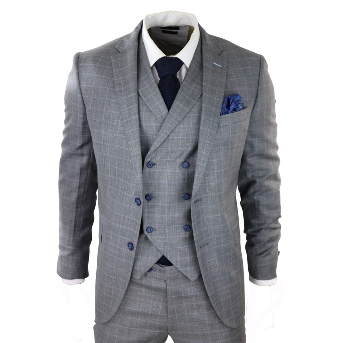 Mens Light Grey 3 Piece Suit Blue Check Double Breast Waistcoat Office Wedding Prom - Knighthood Store