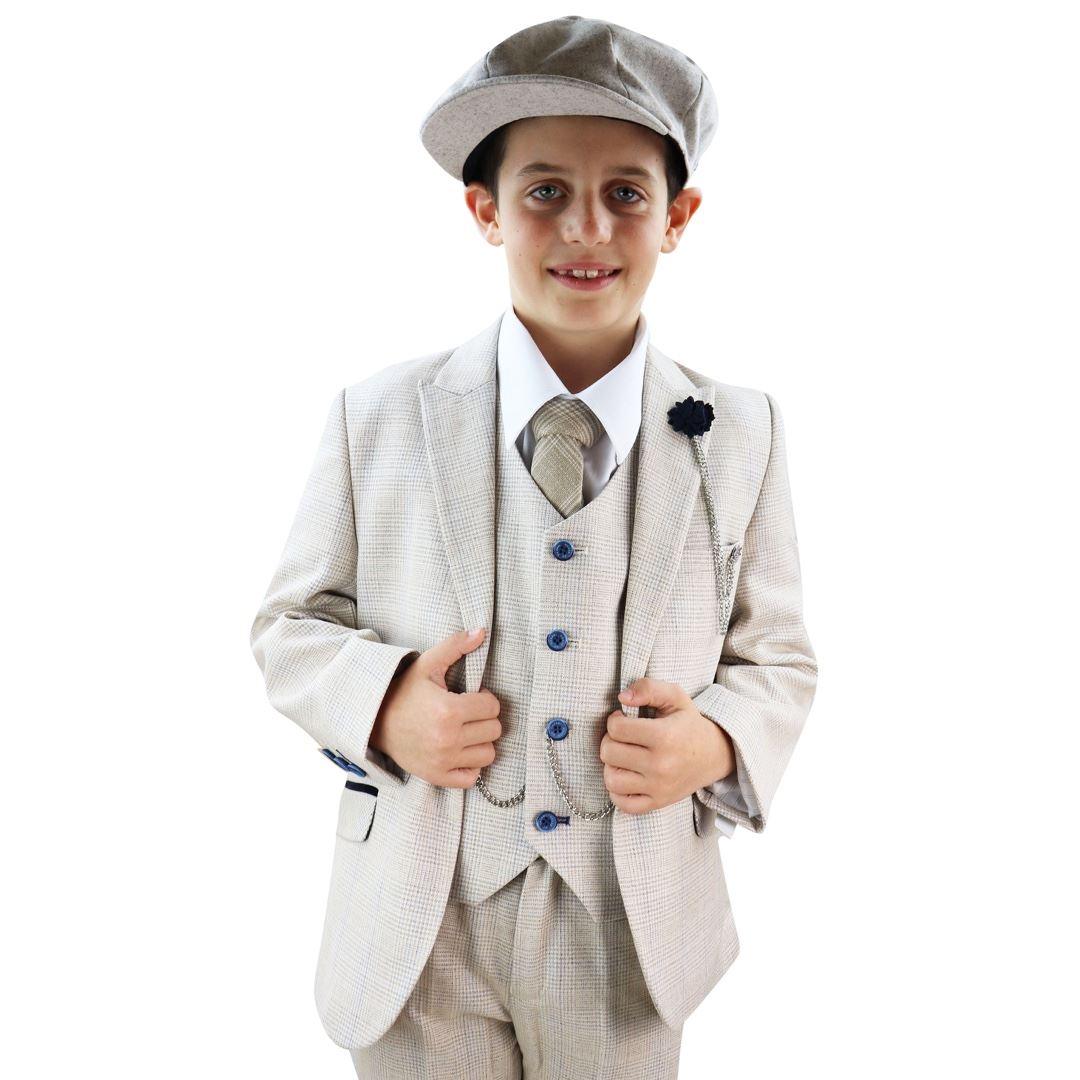 Boys 3 Piece Suit Tweed Cream Black Tailored Fit Wedding Blinders Classic - Knighthood Store
