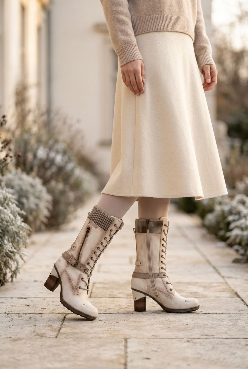 Women's Cream White Mid-Calf Lace Up Heeled Combat Boots