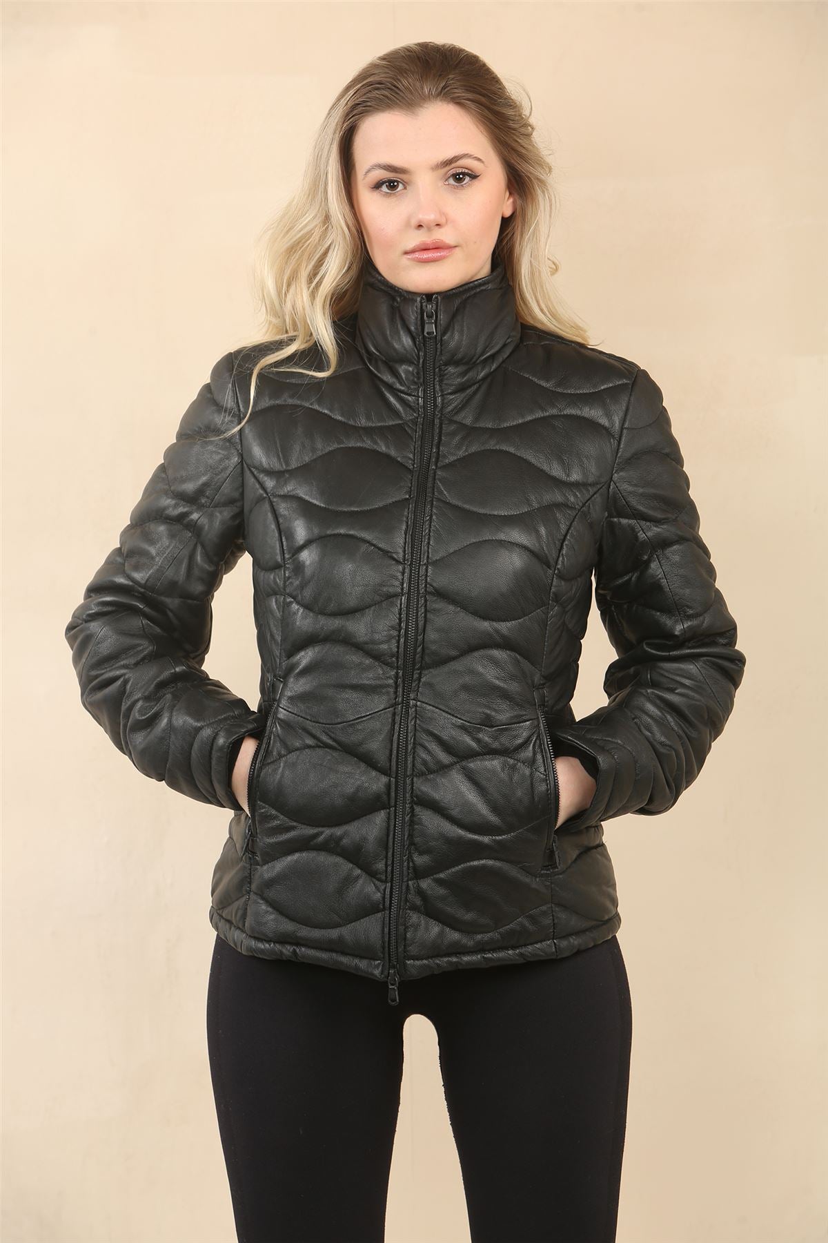 Women's Puffer Quilted Mid Length Leather Jacket