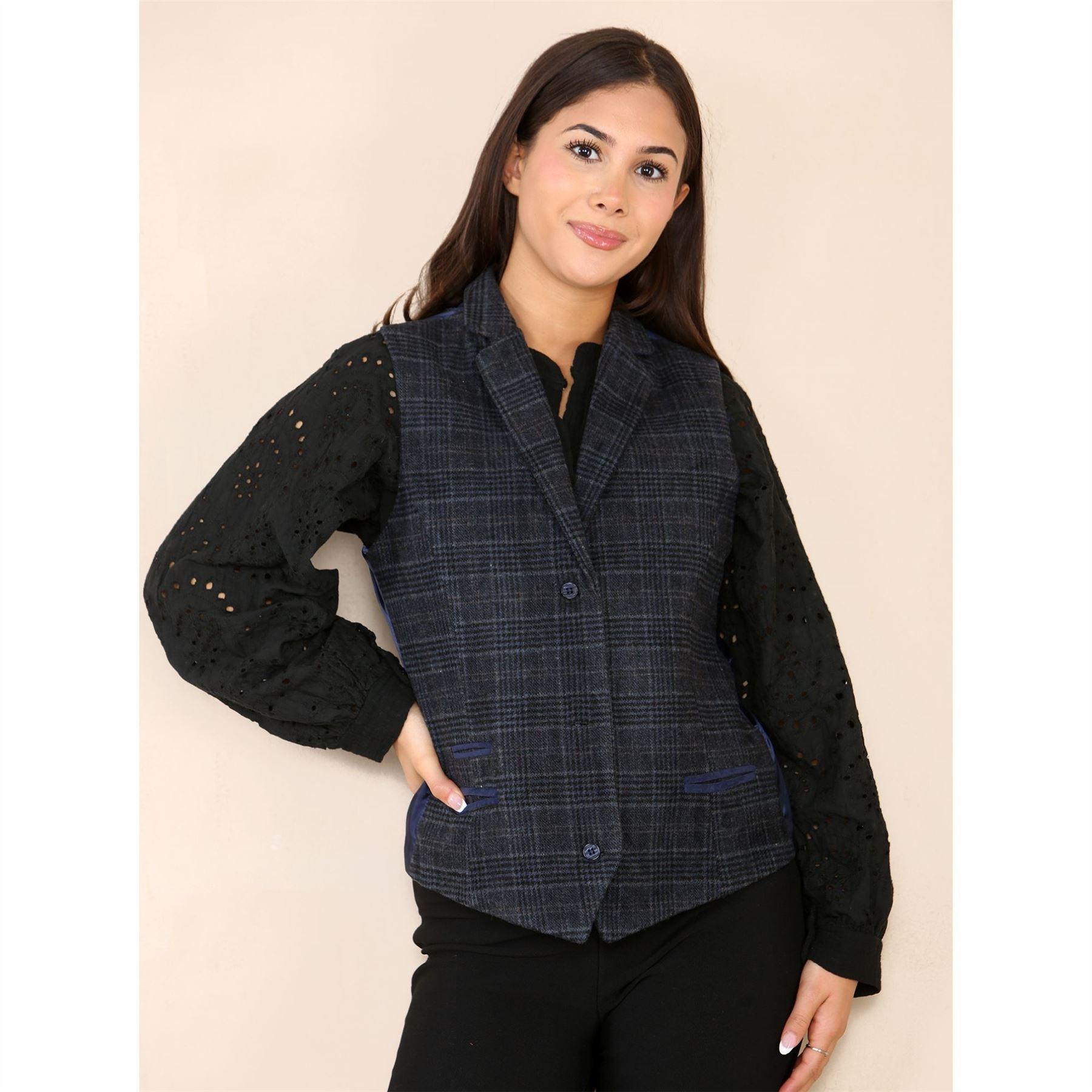 Womens Tweed Check Waistcoat Blazer Suit Navy Blue Classic Vintage Elboy Patch 1920s - Knighthood Store