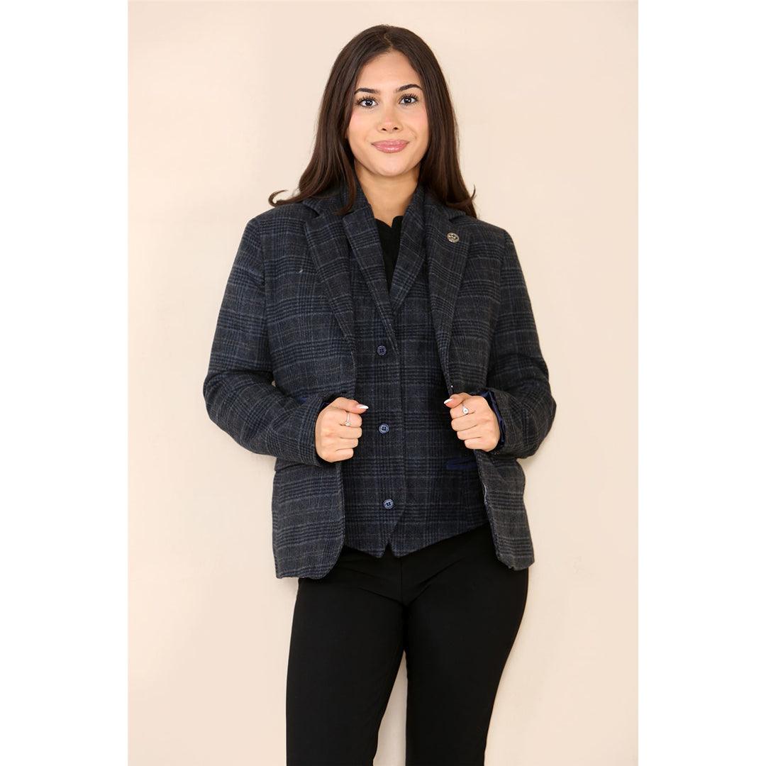 Womens Tweed Check Waistcoat Blazer Suit Navy Blue Classic Vintage Elboy Patch 1920s - Knighthood Store