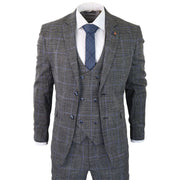 Mens 3 Piece Tailored Fit Suit Check Grey Blue Double Breasted Vintage Wedding