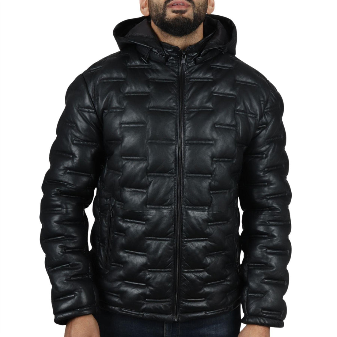 Men's Puffer Quilted Real Leather Jacket Hooded Casual - Knighthood Store