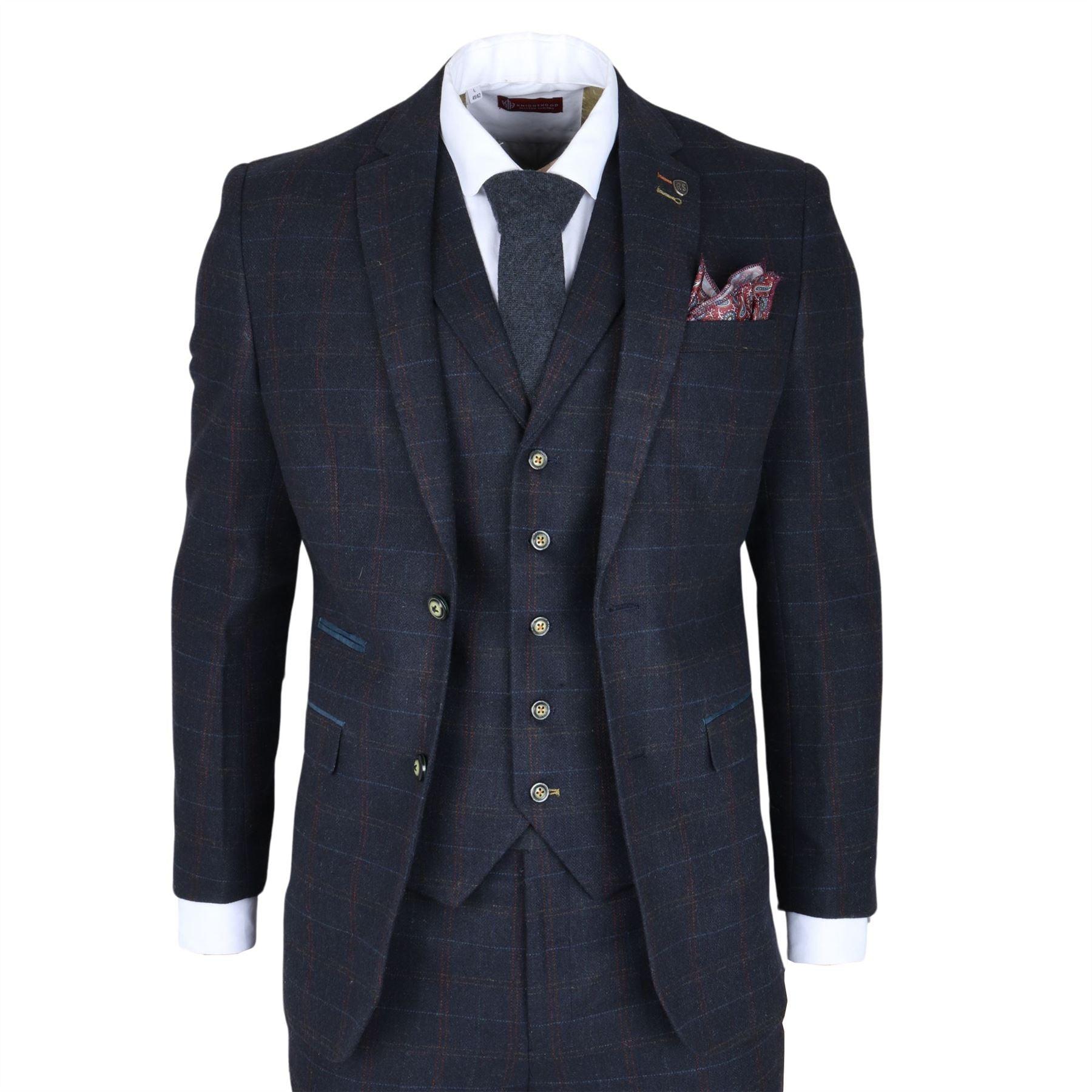 Men's Suit Wool Blend 3 Piece Navy Blue Herringbone Check Tweed Slim Fit Formal Dress - Knighthood Store