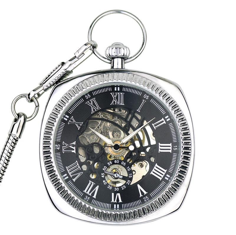 Mechanical Skeleton Open Face Square Pocket Watch
