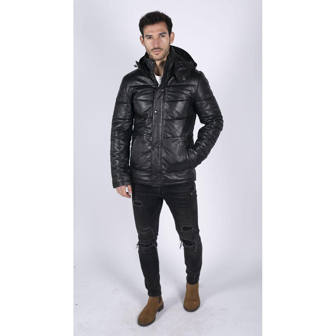 Mens Puffer Hood Quilted Jacket Real Leather Black Casual Retro 80s Classic Casual - Knighthood Store
