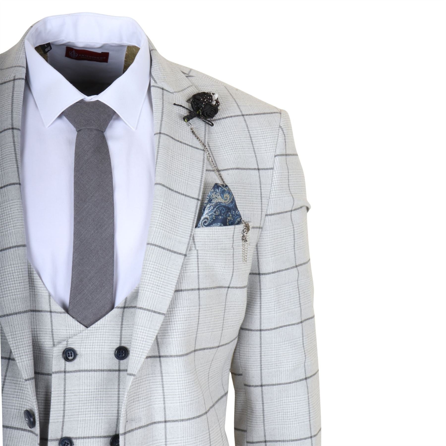 TP-33 - Men's 3 Piece Tailored Fit Grey Plaid Check Suit