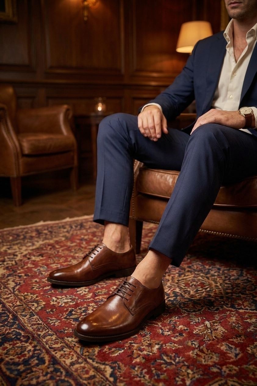Chester - Men's Tan High-Shine Polished Derby Shoes