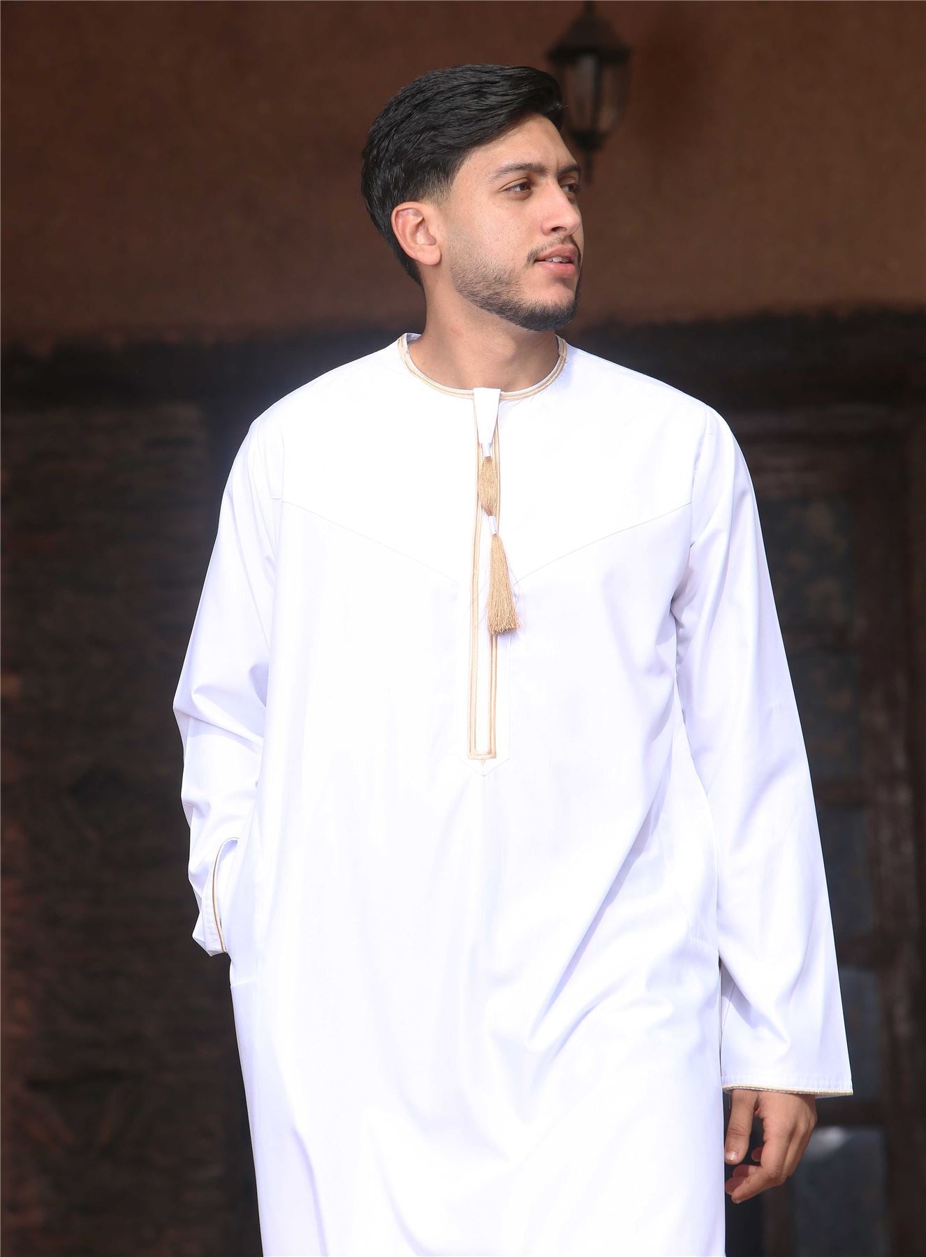 Men's Thobe Emirati Omani Jubba Islamic Clothing Muslim Kaftan Eid Robe Arab Gold Tassel Embroidery