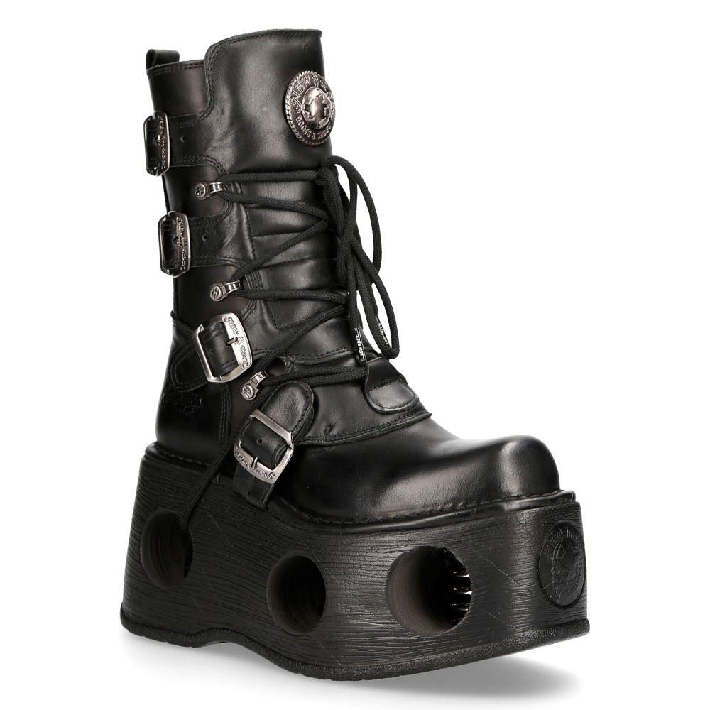 New Rock 373-S2 Metallic Black Leather Neptuno Platform Gothic Boots Buckle - Knighthood Store