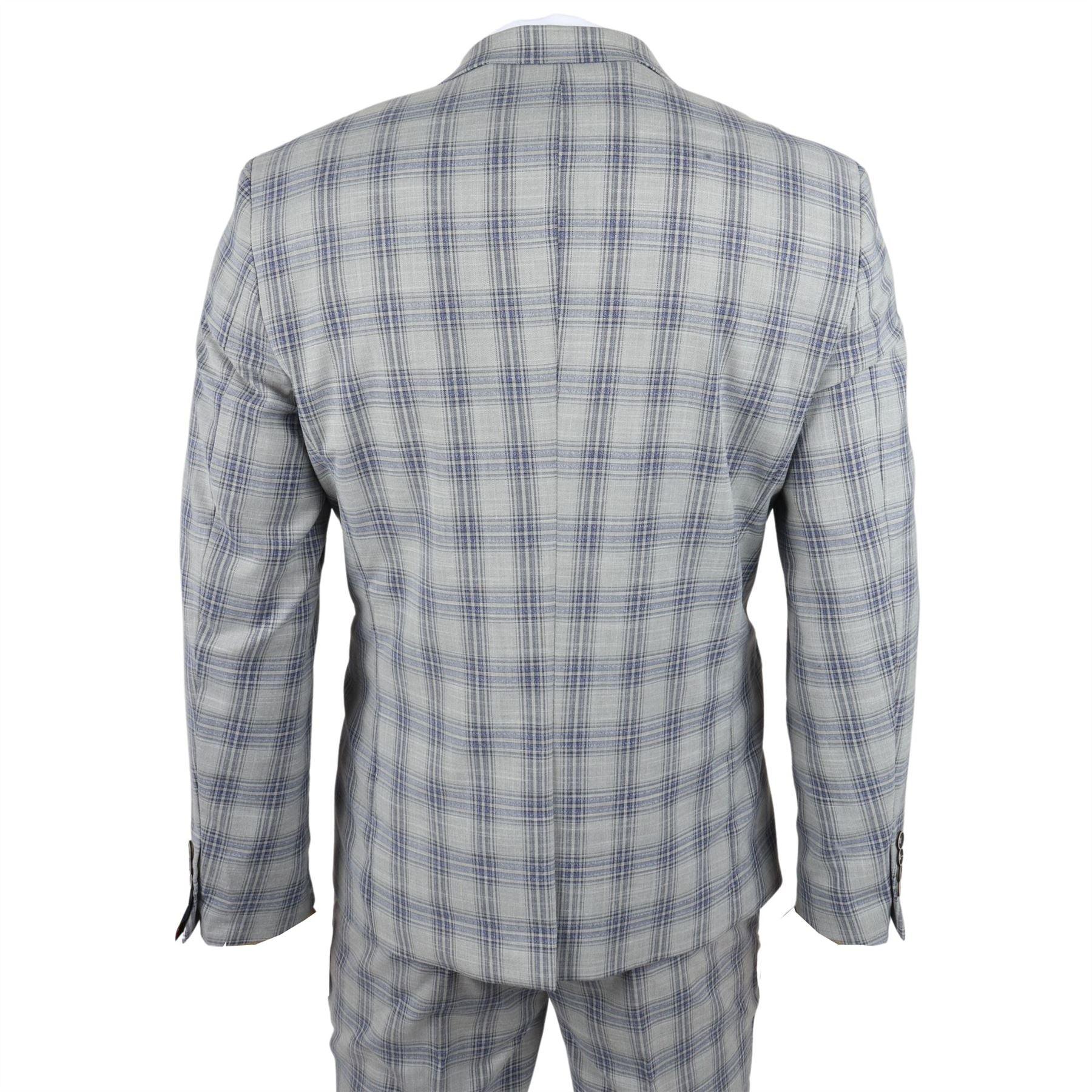 Men's Blazer Grey Blue Checked Classic Sport Coat Plaid Tailored Fit - Knighthood Store