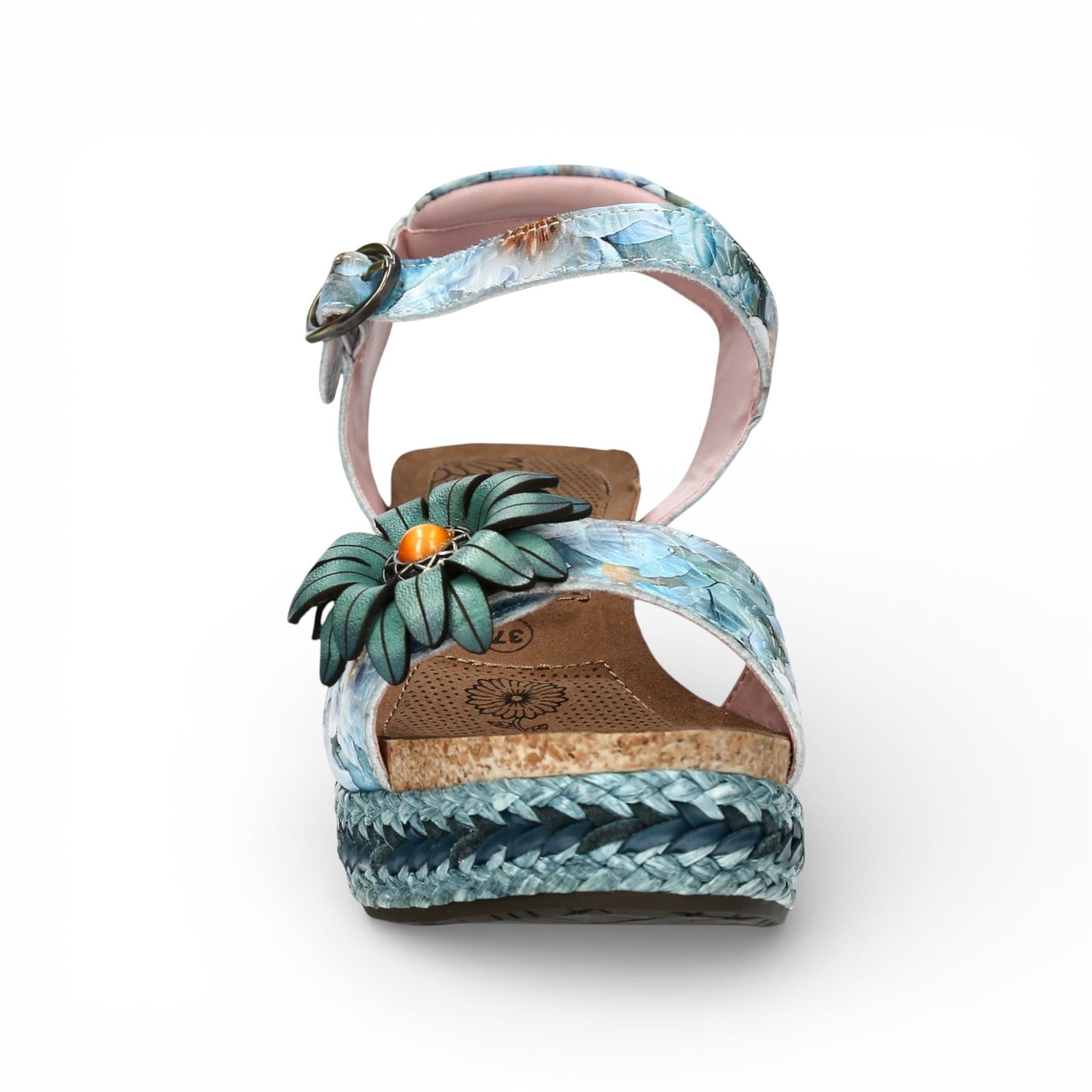 Facyo 75 - Women's Blue Floral Leather Wedge Sandals
