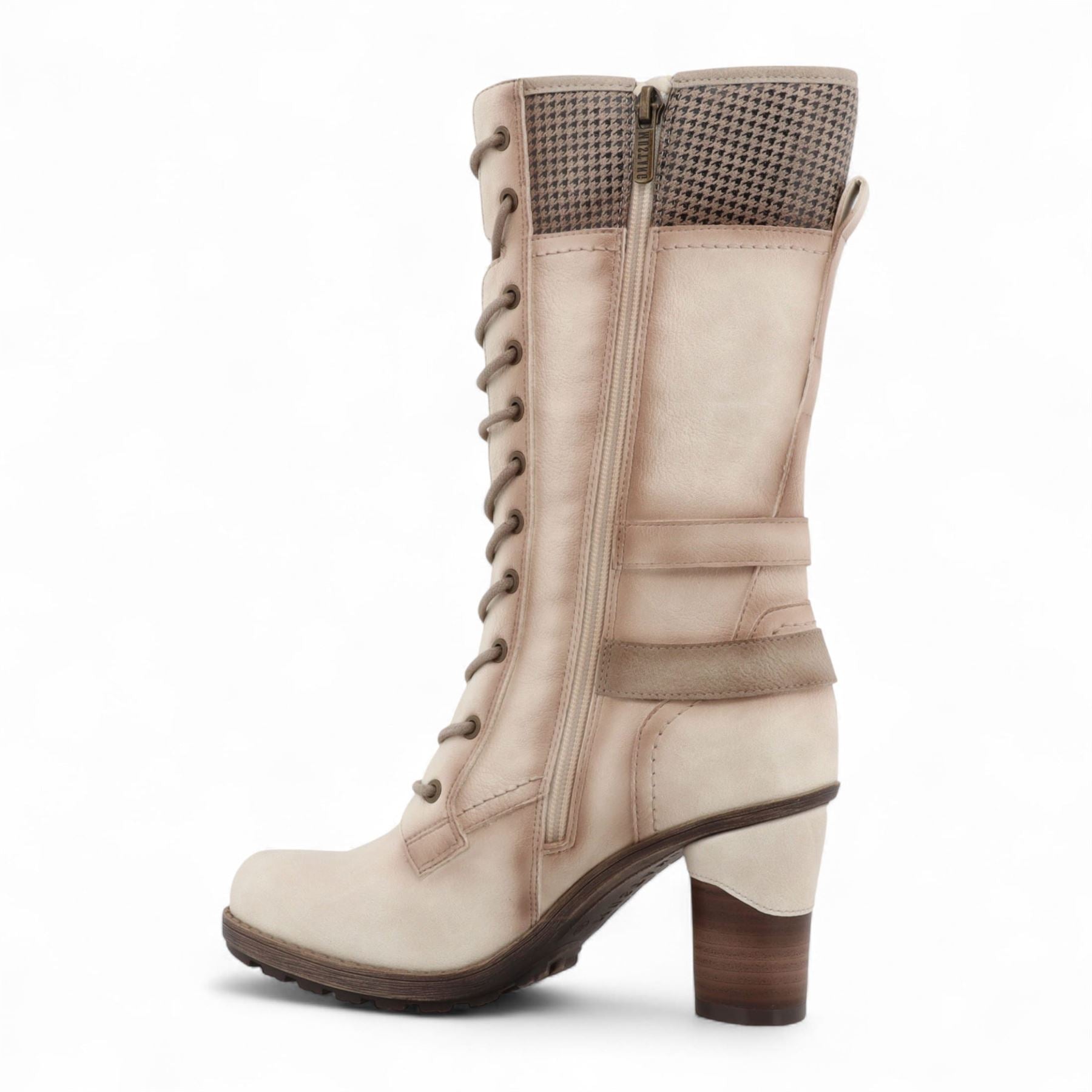 Women's Cream White Mid-Calf Lace Up Heeled Combat Boots