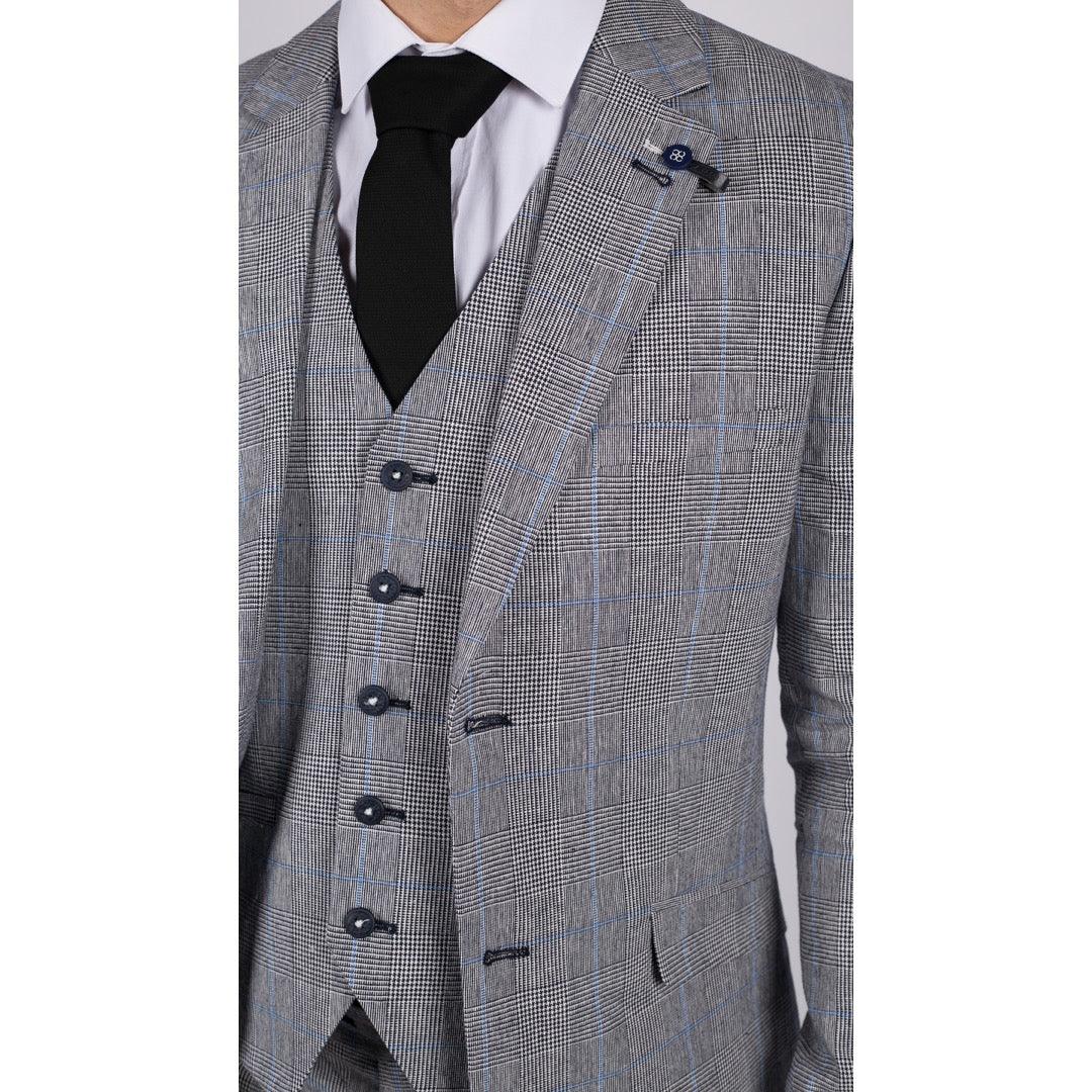 Mens 3 Piece Summer Suit Grey Check Blue Black Tailored Fit Classic Wedding Formal - Knighthood Store