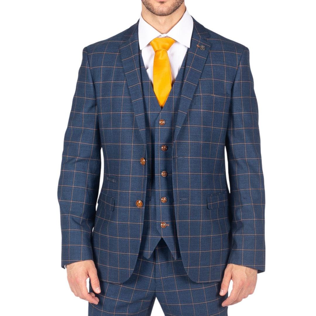 Mens 3 Piece Blue Orange Check Suit Retro Smart Tailored Fit Vintage - Knighthood Store
