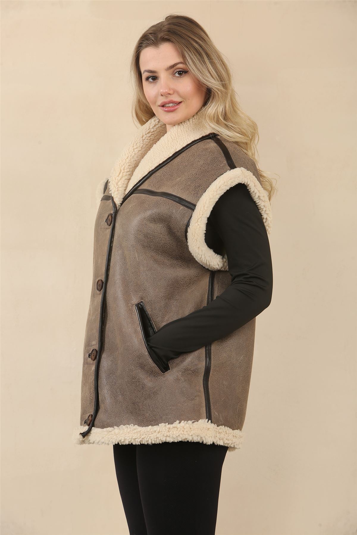 Women's Rustic Brown Shearling Leather Gilet