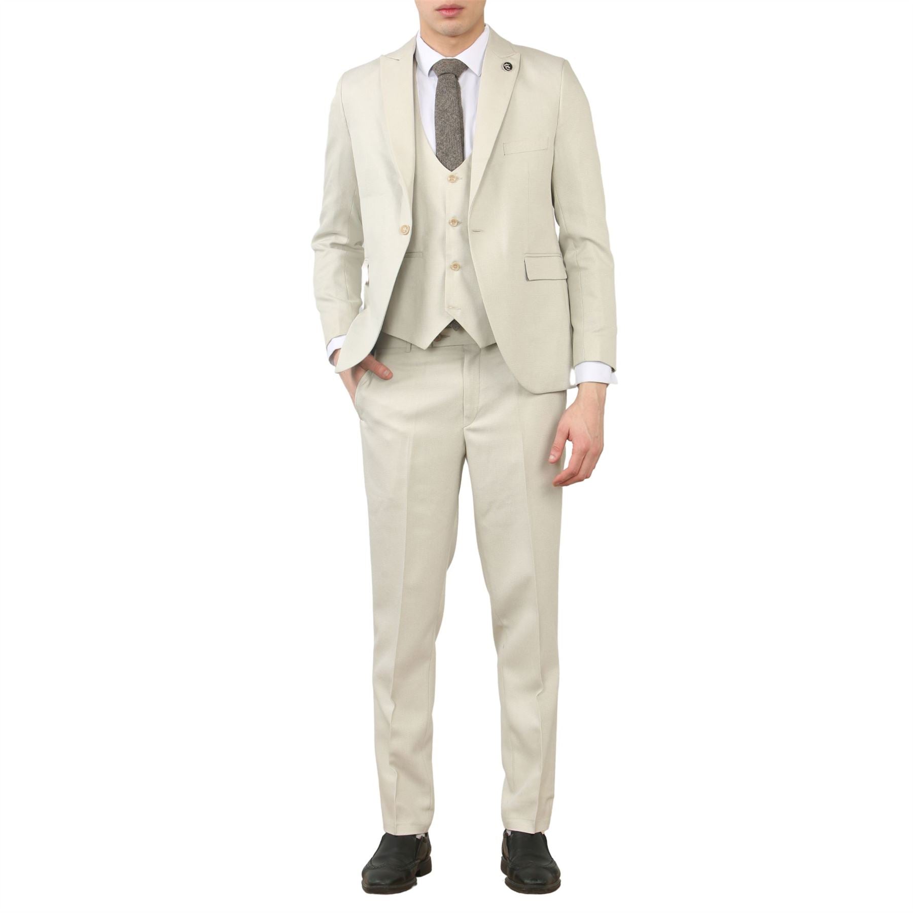 Men's 3 Piece Suit Cream Beige Tailored Fit Wedding Classic Prom Formal Textured