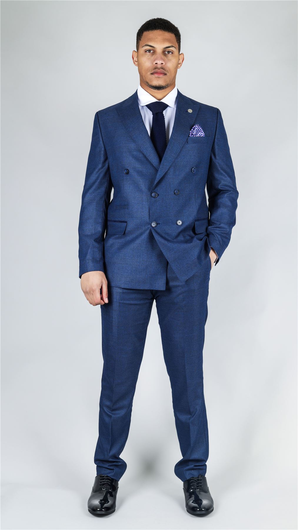 Men's Blue Suit 2 Piece Double Breasted Check Formal Dress