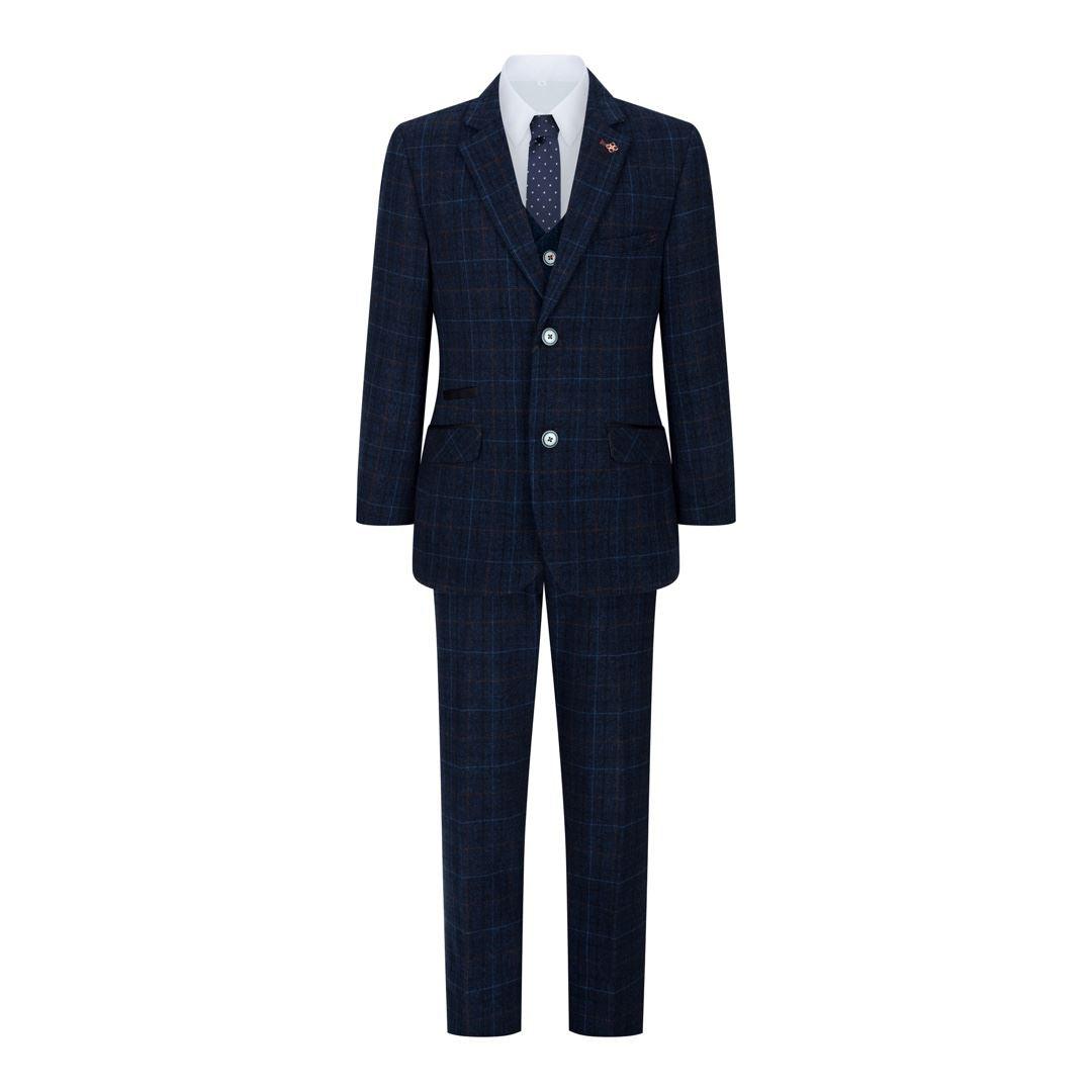 Boys Blue 3 Piece Suit Navy Check Wedding Prom Formal Vintage Tailored Fit - Knighthood Store