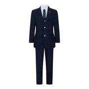 Boys Blue 3 Piece Suit Navy Check Wedding Prom Formal Vintage Tailored Fit
