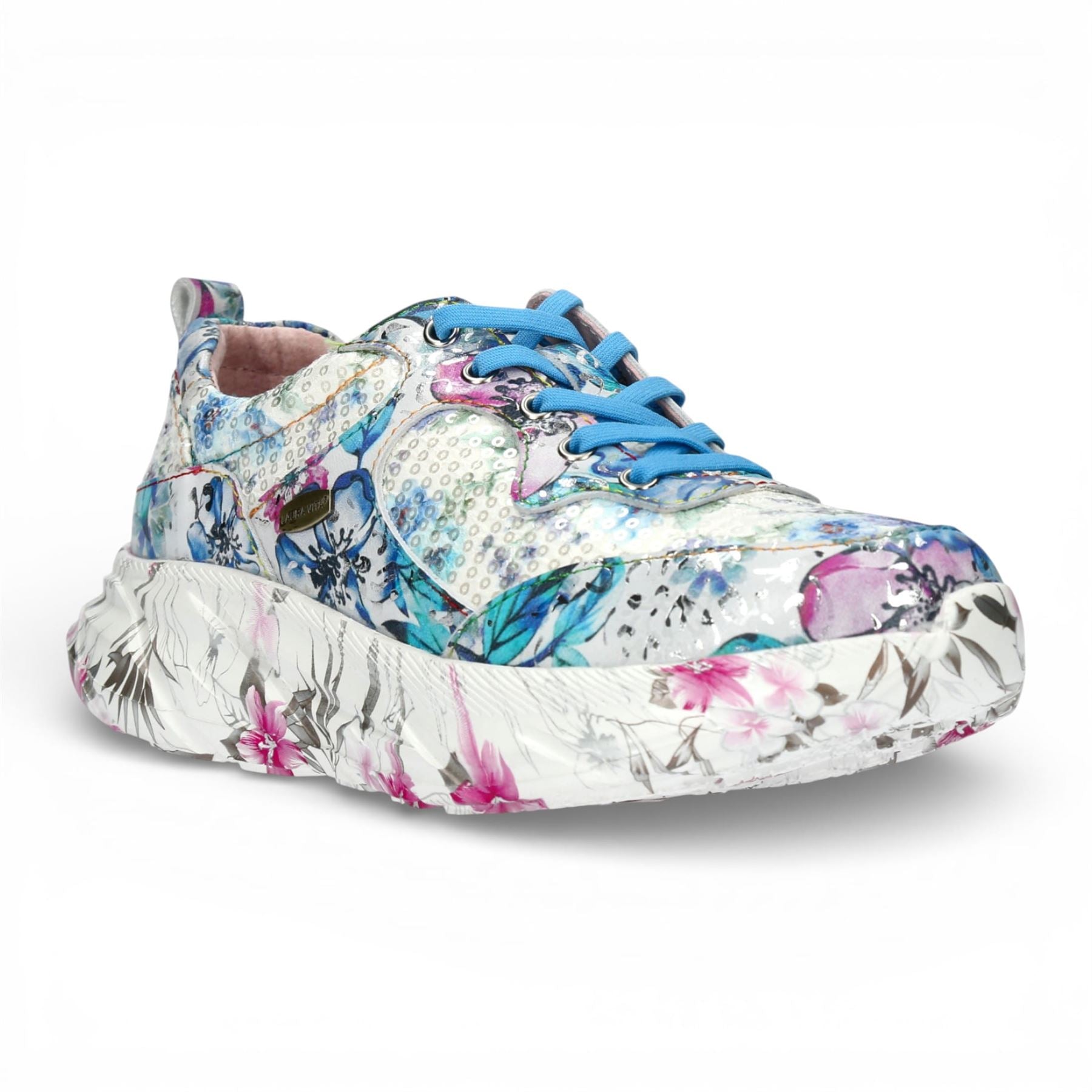 Sofiao 07 - Women's Blue Floral Leather Platform Sneakers