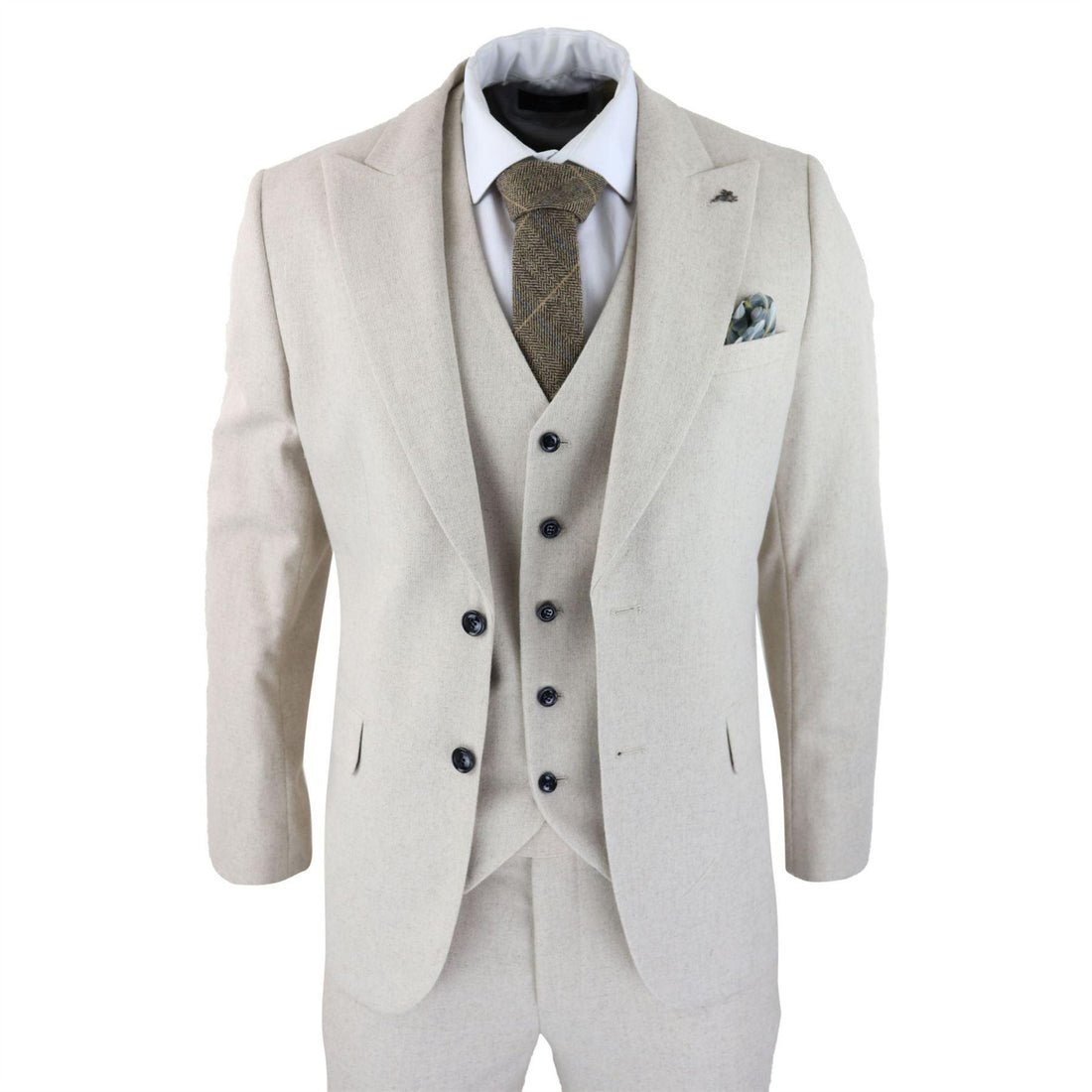 Mens Wool 3 Piece Cream Beige Suit Slim Fit Classic Wedding Party Vintage 1920s - Knighthood Store