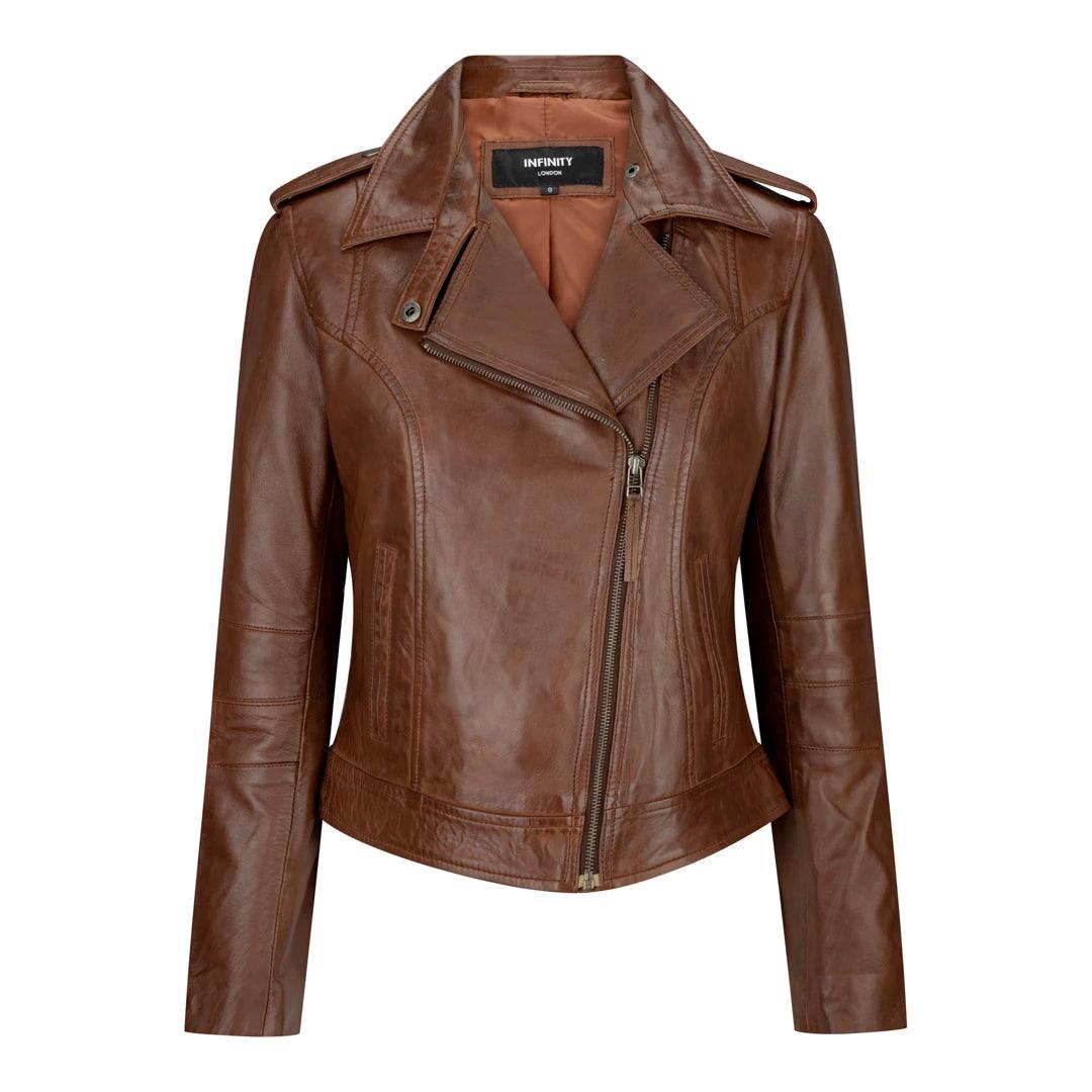 Ladies real Leather Brown Slim Fit Short Retro Leather Jacket - Knighthood Store