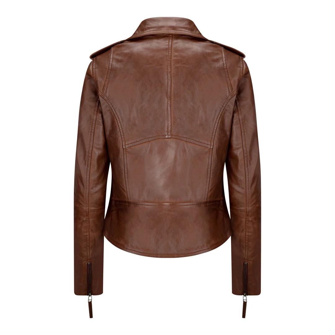 Ladies real Leather Brown Slim Fit Short Retro Leather Jacket - Knighthood Store