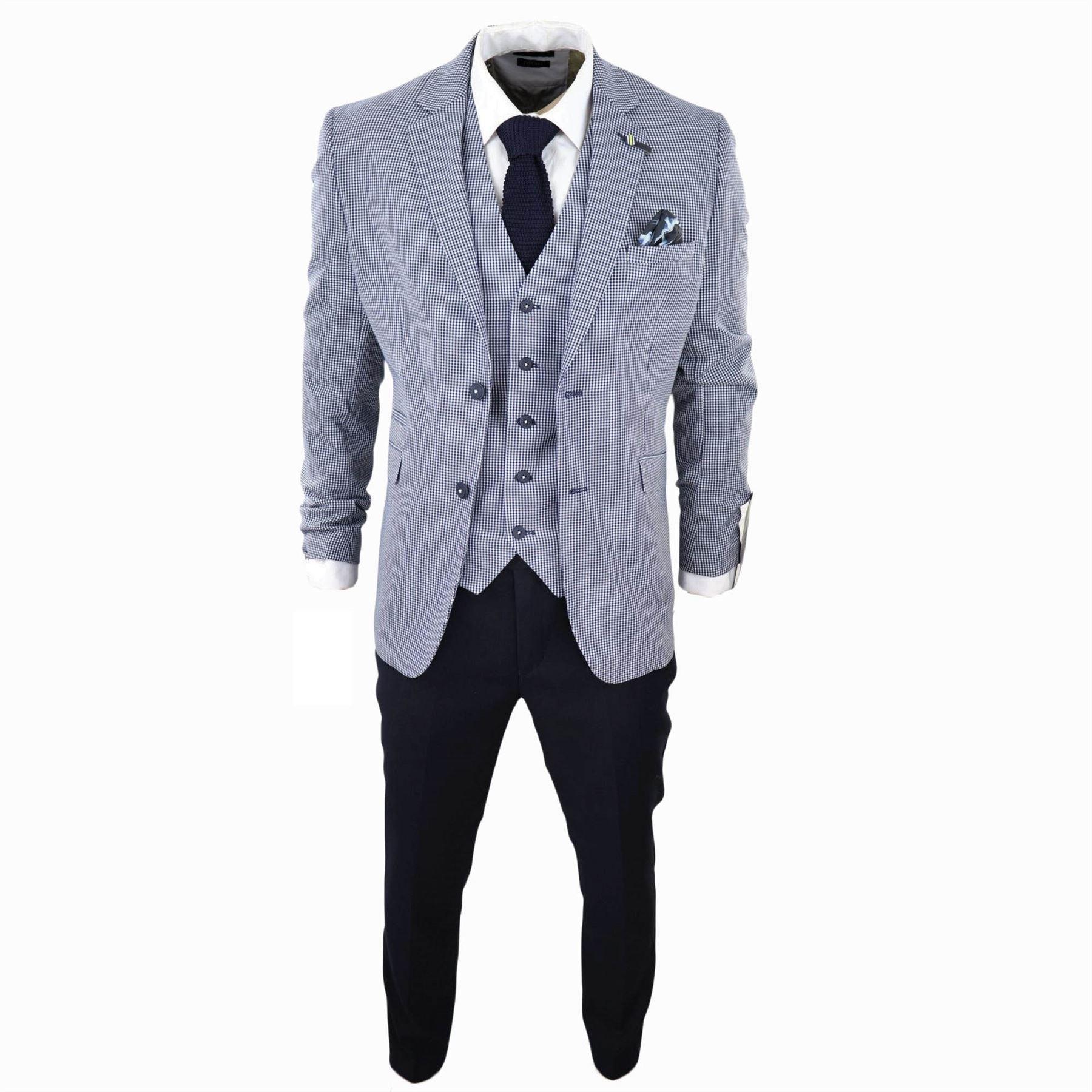 Mens 3 Piece Suit Grey Navy Contrasting Classic Summer Tailored Fit Regular Check - Knighthood Store