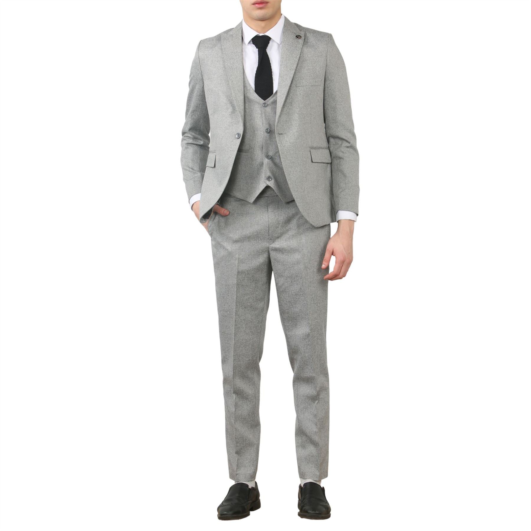 Men's 3 Piece Suit Grey Tailored Fit Wedding Classic Prom Formal Textured