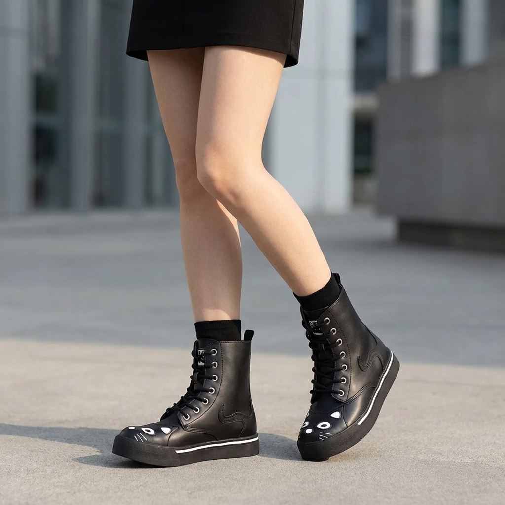 Women's Kitty Black Vegan Leather Combat Sneaker Boots