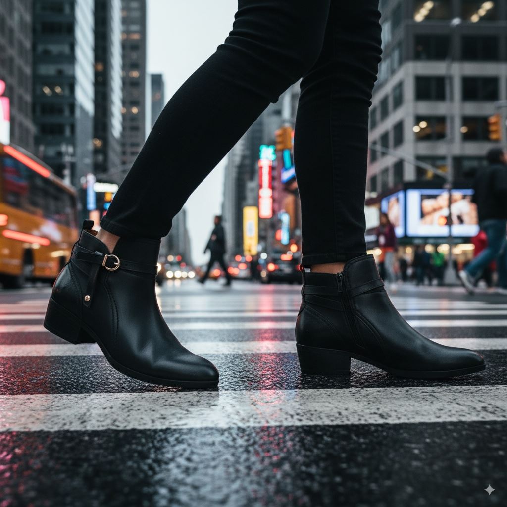 Daroca - Women’s Black Leather Bootie Heeled Biker Boots