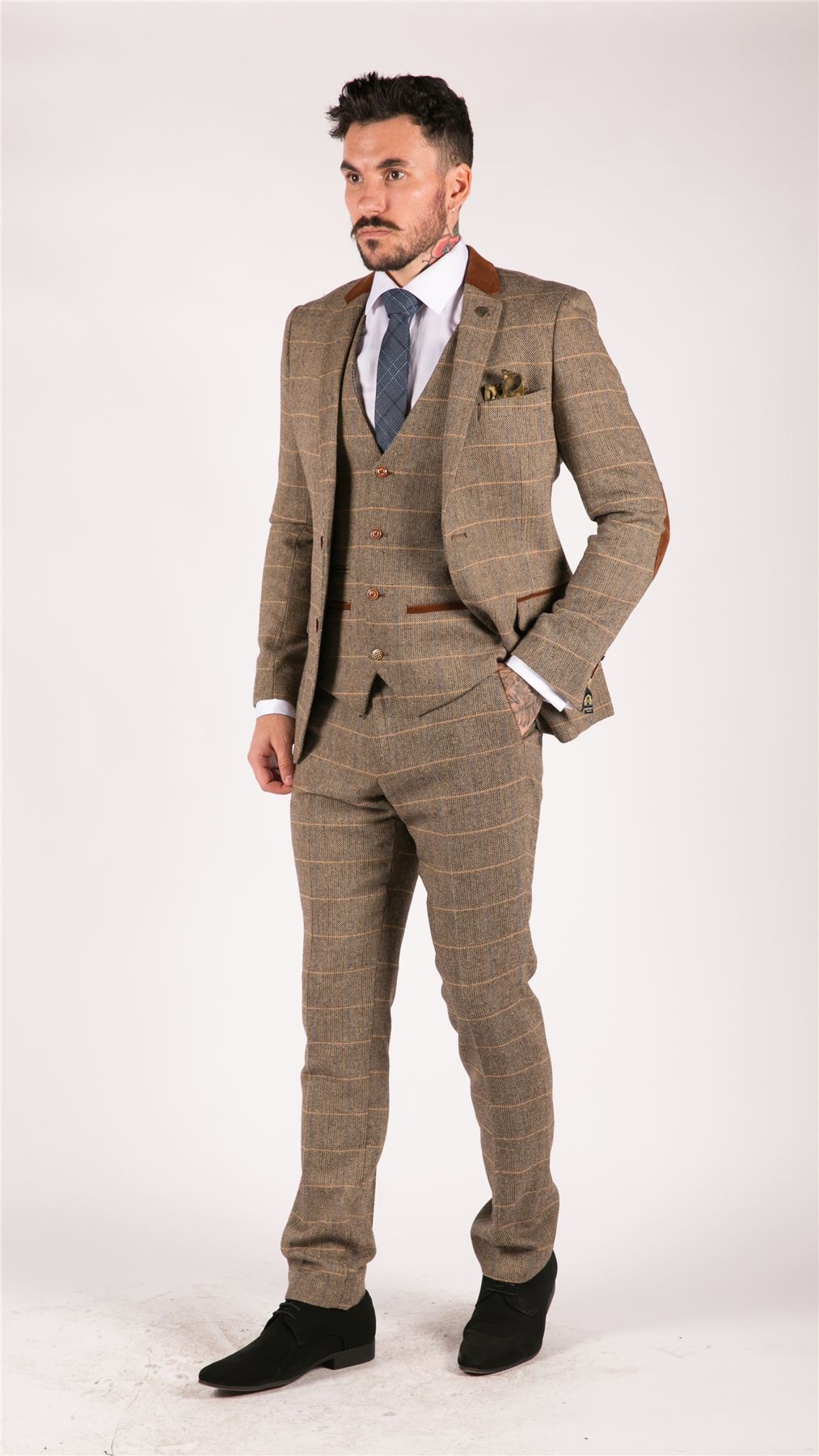 Mens Check Vintage Herringbone Tweed Tan Brown 3 Piece Suit Slim Fit Wedding