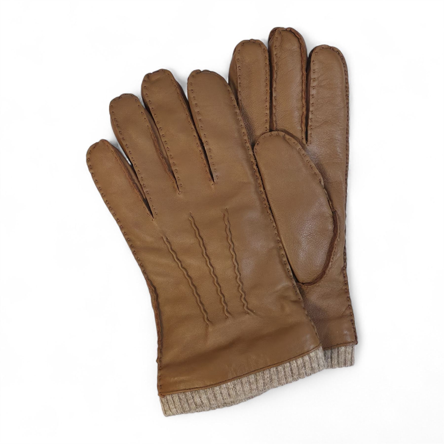 Men’s Genuine Leather Wool Lined Ribbed Knit Cuff Gloves