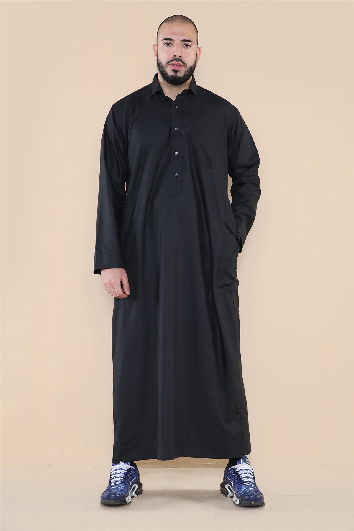 Mens Thobe Jubba Turn Down Collar Islamic Muslim Cotton Kaftan Dress Robe Arabic